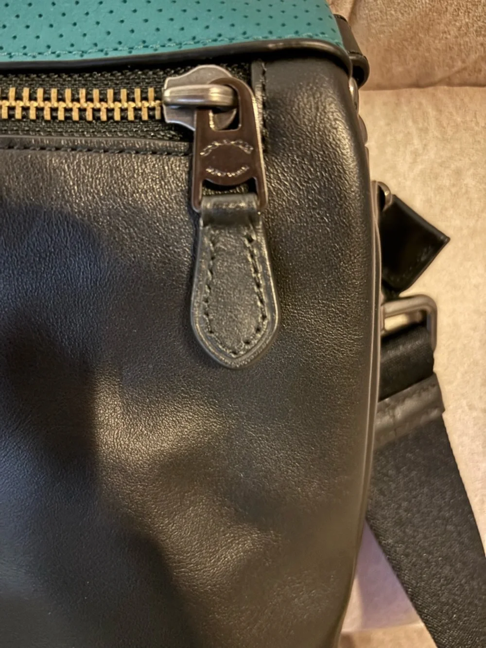 Coach Men's Black and Teal Leather Messenger Bag